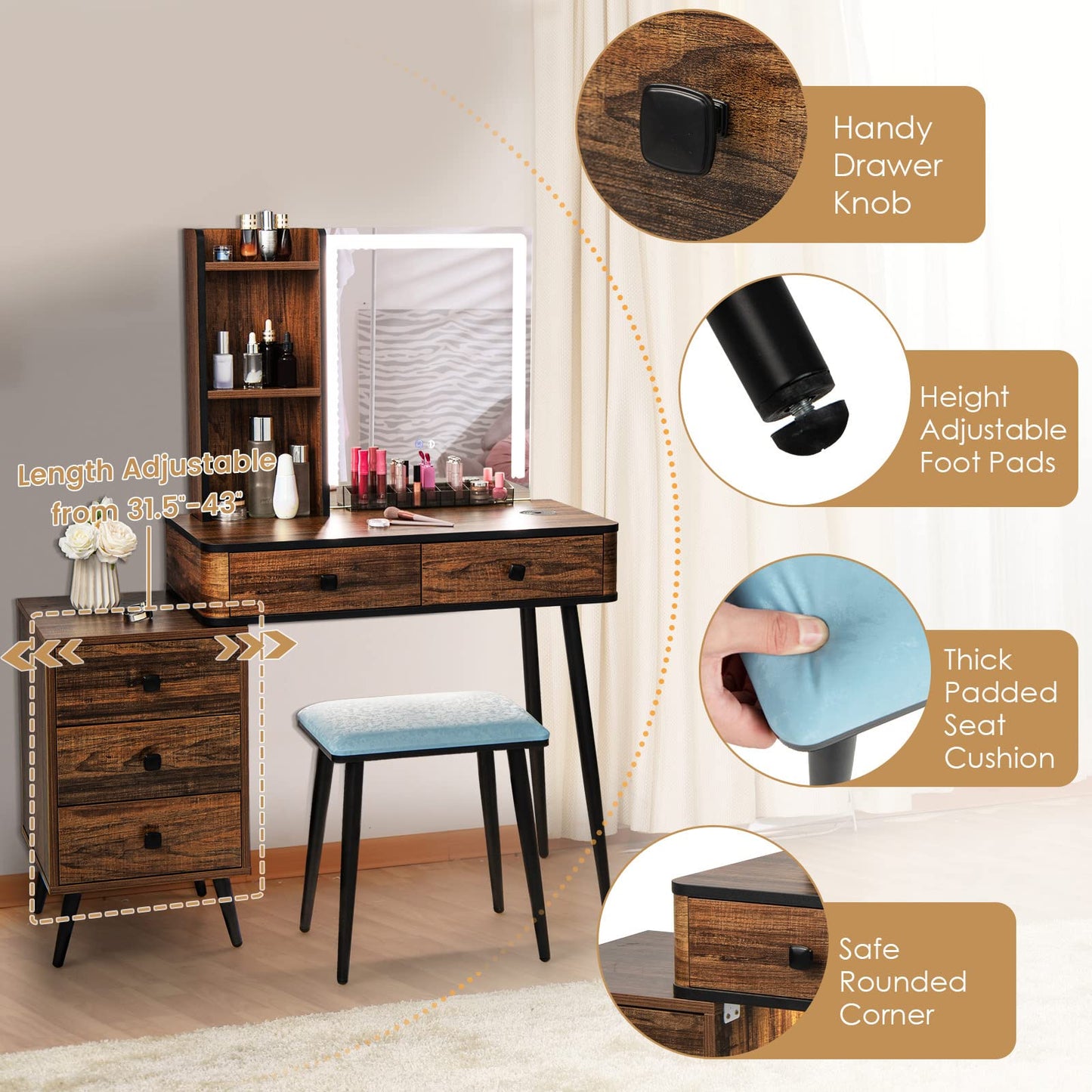 CHARMAID Makeup Vanity Table with Large Lighted Mirror, 3 Lighting Sets, Human Body Induction, Side Cabinet, 2 Drawers, Storage Shelves, Cosmetic Tray, Dressing Vanity Desk with Stool