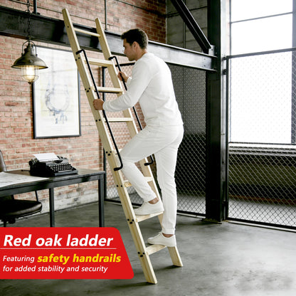 104RDHOUSE 96in Attic Rolling Library Ladder, 8 Step Wooden Ladder with,Loft Ladder Bookshelf,Wall Stairs Red Oak Stair Platform Bunkbed Ladder,for Home Kitchen,Warehouses,Bookstore,DIY Stain