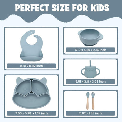 Baby Feeding Essentials, Baby Led Weaning Supplies, Silicone Baby Feeding Set, with Baby Spoon, Fork, Baby Bib, Sippy Cup, Suction Plate, Suction Bowl, Baby Eating Essentials, 6+ Months (Dusty Blue)