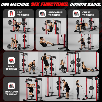 JELENS C21 Power Cage, 2000LBS Multi-Function Power Rack with Independent Dual Pulley System, All-in-One Squat Rack for Cable Crossover, Home Gym Workout Machine (Red, 370LBS Black)