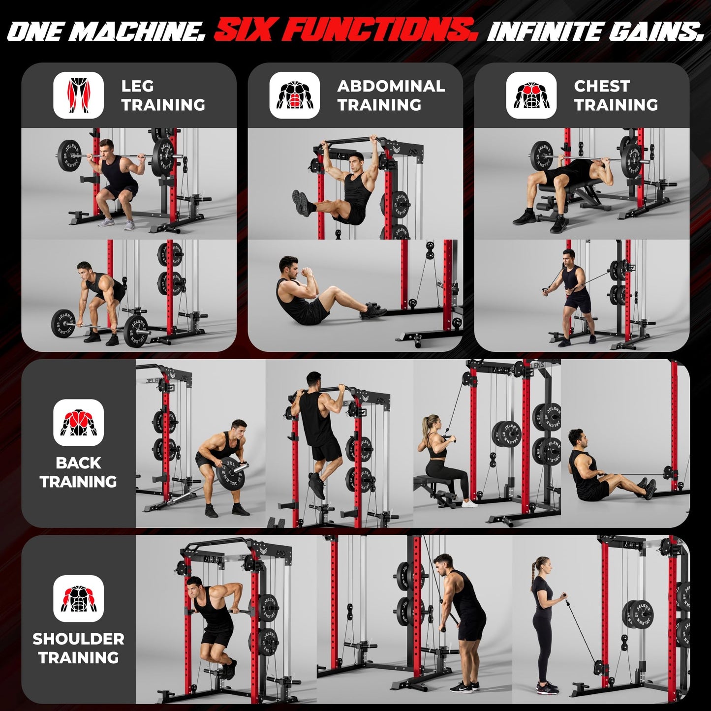 JELENS C21 Power Cage, 2000LBS Multi-Function Power Rack with Independent Dual Pulley System, All-in-One Squat Rack for Cable Crossover, Home Gym Workout Machine (Red,140LBS Black)