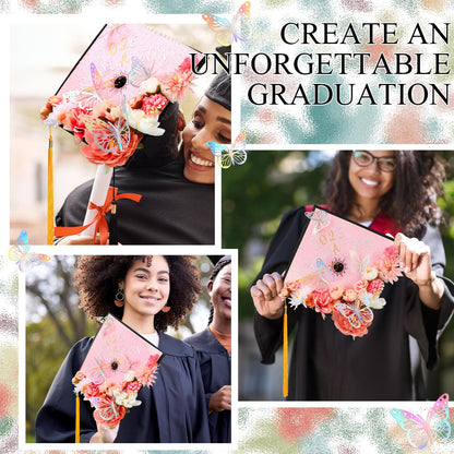 Wavwavw 44 Pcs DIY Graduation Cap Decorations Kit Pink Grad Cap Decorations 3D Artificial Flowers Butterfly Decals Rhinestone Pearl Stickers Letter Stickers Glitter Paper for 2026 Grad Hats Decor