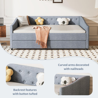 Ball & Cast Full Size Daybed with Twin Size Trundle,Upholstered Day Bed Frame w/Button Tufted Back and Wave Shape Arm for Bedroom, Guest Room,Apartment,Light Grey
