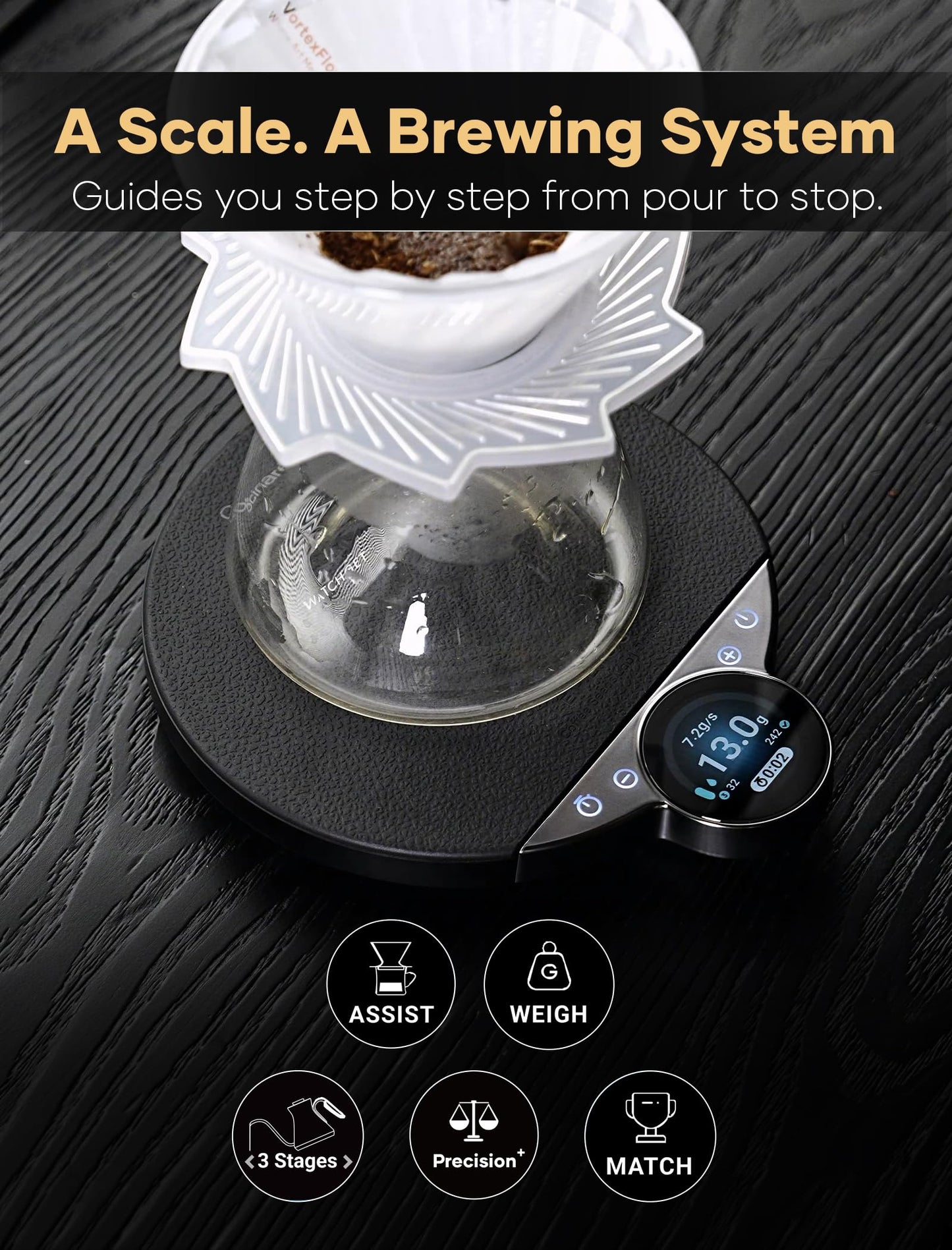 Cocinare Balance Pro Smart Coffee Scale with Timer and Water Flow Rate, Espresso Scale for Pour Over and Barista Brewing, Brew Assist Mode, 0.05g Precision, 3.5kg Digital Scale, App Control (White)