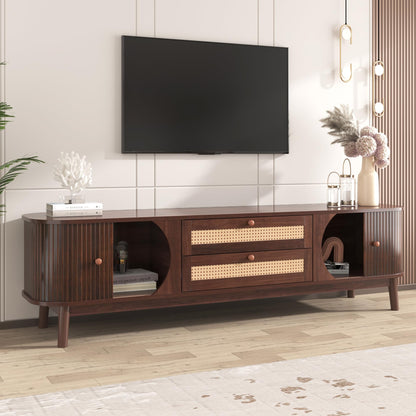 Merax Rattan TV Stand for TVs up to 75", Modern Farmhouse Media Console with Multi-Functional Storage, Boho Entertainment Center with Solid Wood Legs, Television Cabinet for Living Room, Natural+Brown