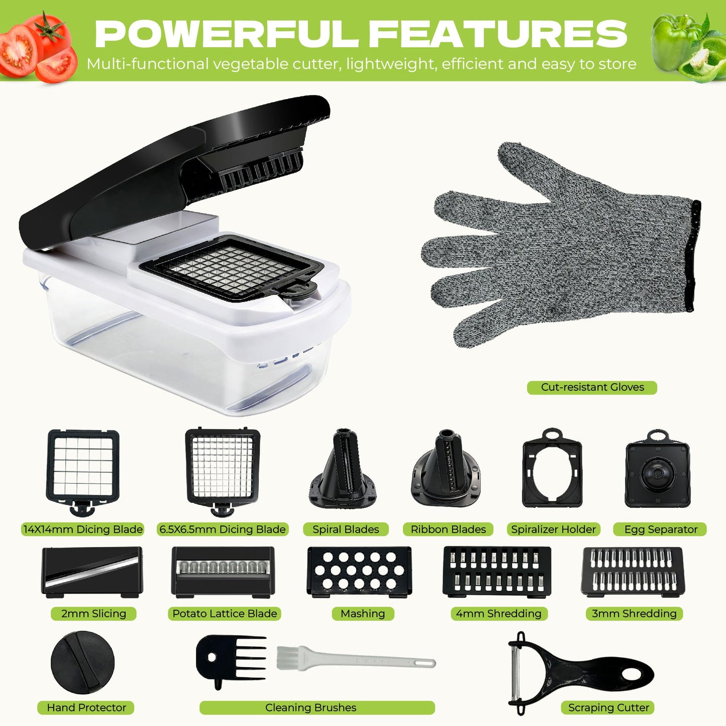 KISIQI Vegetable Chopper With Container 4.5" x 9", 17-in-1 Food Chopper with Onion Slicer & Potato Slicer, Built-in Storage Box for Kitchen Gadgets, Includes Safety Gloves & Peeler for Home Essentials
