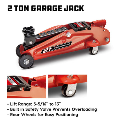 Powerbuilt 6 Piece Car Jack and Garage Creeper Service Set, 2 Ton Vehicle Lift, Jackstands, Folding Creeper, Wheel Chocks, Car Repair Garage Equipment - 640816, Large, Red