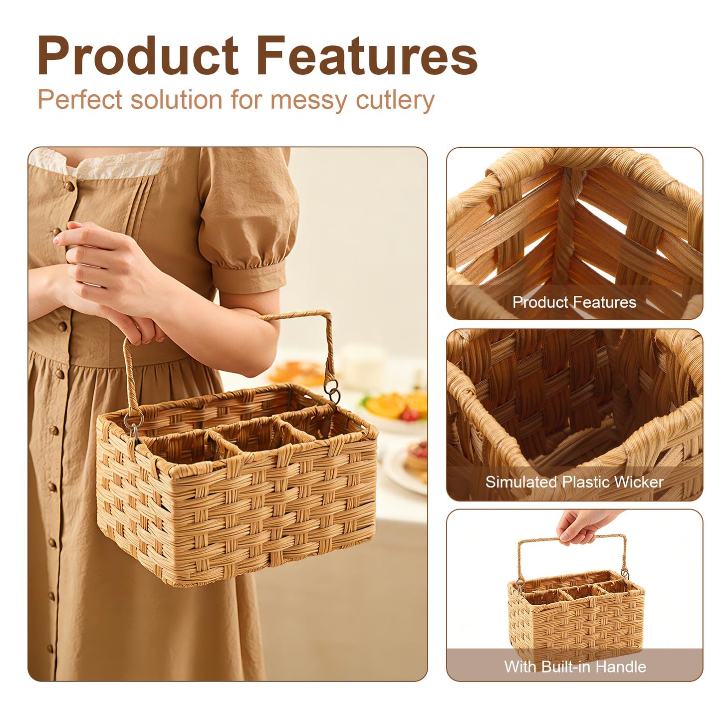 Laveduso Wicker Utensil Caddy – Tabletop Utensil & Silverware Organizer with Handle, Multi-Use Cutlery and Condiment Holder, Kitchen Countertop Basket, Ideal for Parties, Picnics & Buffets
