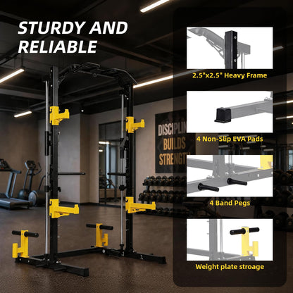 Fitvids Smith Machine Power Cage, 2000lb Multi-Function Squat Rack with Weight Plate Storage, J Hooks, T-Bar Row Platform & Multiple Grip Handles for Home Gym Strength Training
