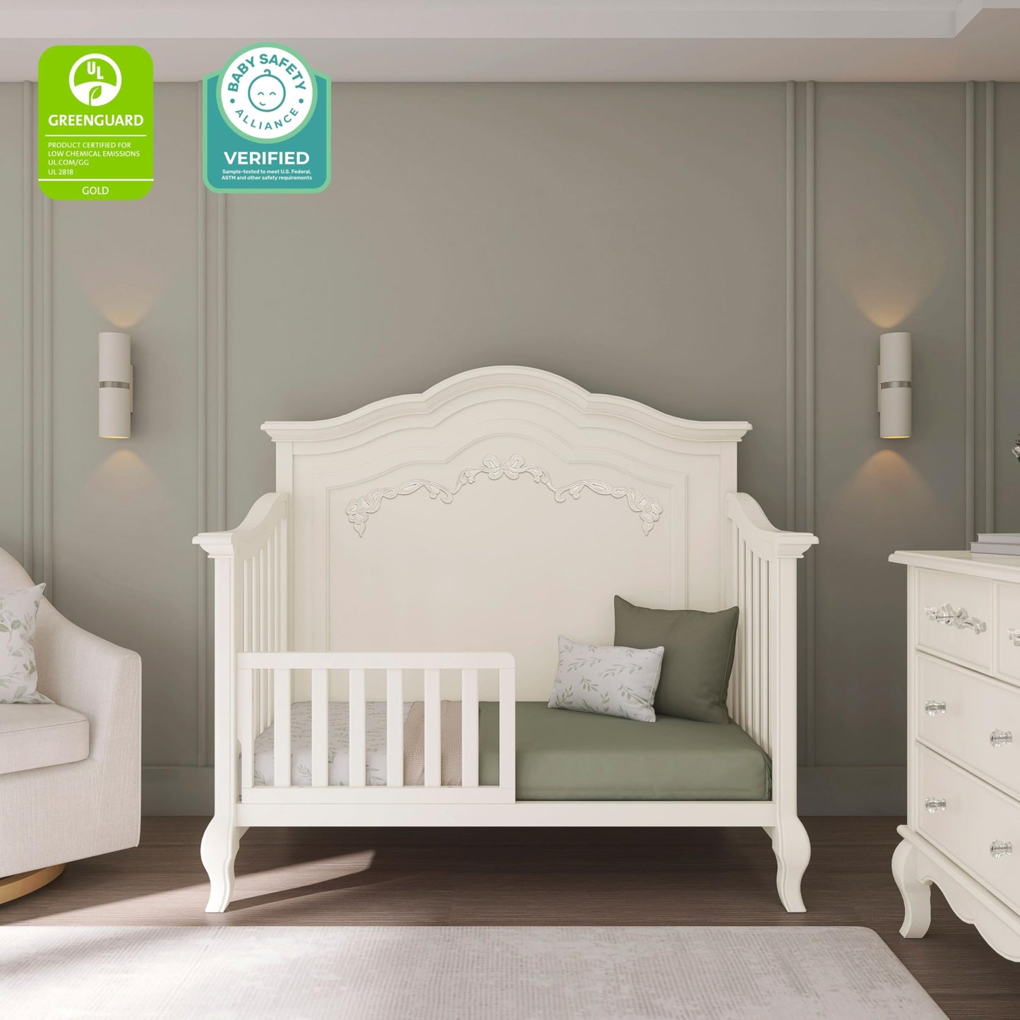 Evolur Aurora 5-in-1 Convertible Full-Size Baby Crib in Ivory Lace, GreenGuard Gold & JPMA, 3 Mattress HeightsRibbon Bow Scrollwork & Queen Anne Feet, Converts to Toddler, Day & Full-Size Bed