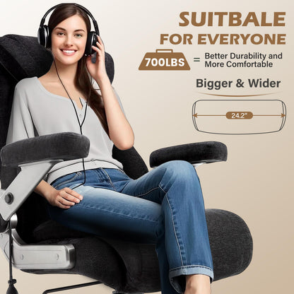 Fabric 700lbs Big and Tall Office Chair, Ergonomic Heavy Duty Executive Cloth Office Chair with 5D Flip Arms & Adjustable Lumbar Support & Dual Rubber Wheel, Large Thick Padded Extra Wide Seat, Black