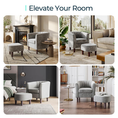 LINSY Accent Chair Set of 2, Velvet Barrel Chair with Ottoman, Modern Comfy Small Armchair for Small Spaces Reading Room Living Room Bedroom Kids Room Office, Grey