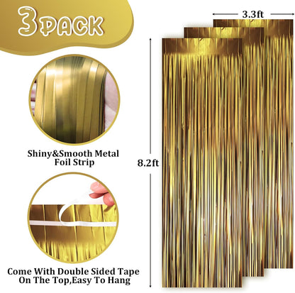Voircoloria Matte Dark Gold Foil Fringe Backdrop Curtains - 3 Pack Tinsel Streamers for Parties & Events