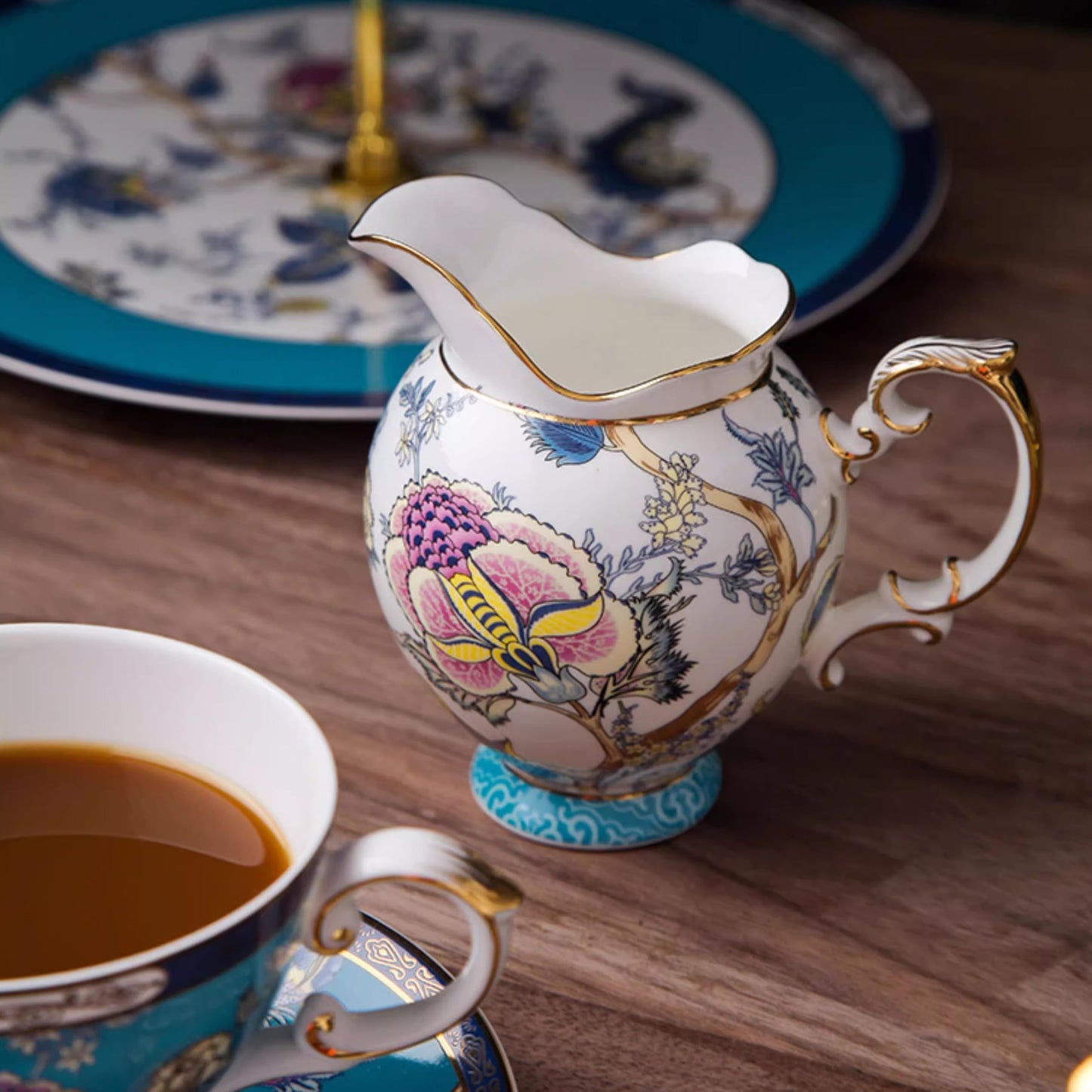 Floral Bone China Tea Set, Exquisite Porcelain Tea Cup and Saucer Set with Teapot, Creamer, Sugar Bowl for 6, Luxury Gold-Accented Afternoon Tea Sets for Adults
