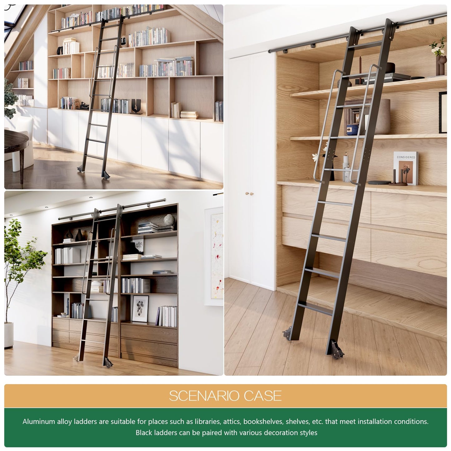 104RDHOUSE 8FT Lightweight Aluminum Rolling Step Ladder 96",Rolling Library Ladder with Wheels,Industrial Sliding Ladder for Home Library,Bookshelf, 4FT Hook Ladder Bookcase Track Kit for Home