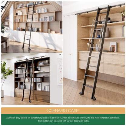 104RDHOUSE 8FT Lightweight Aluminum Rolling Step Ladder 96",Rolling Library Ladder with Wheels,Industrial Sliding Ladder for Home Library,Bookshelf, 4FT Hook Ladder Bookcase Track Kit for Home