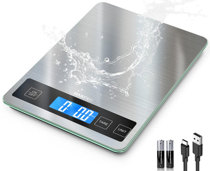 BakFee Food Scale, 33lb Digital Kitchen Scale with Stainless Steel & Tempered Glass, USB Rechargeable, 1g/0.05oz Precise Weighing, Splash-Resistant and Sturdy Surface, for Cooking, Baking, Weight Loss