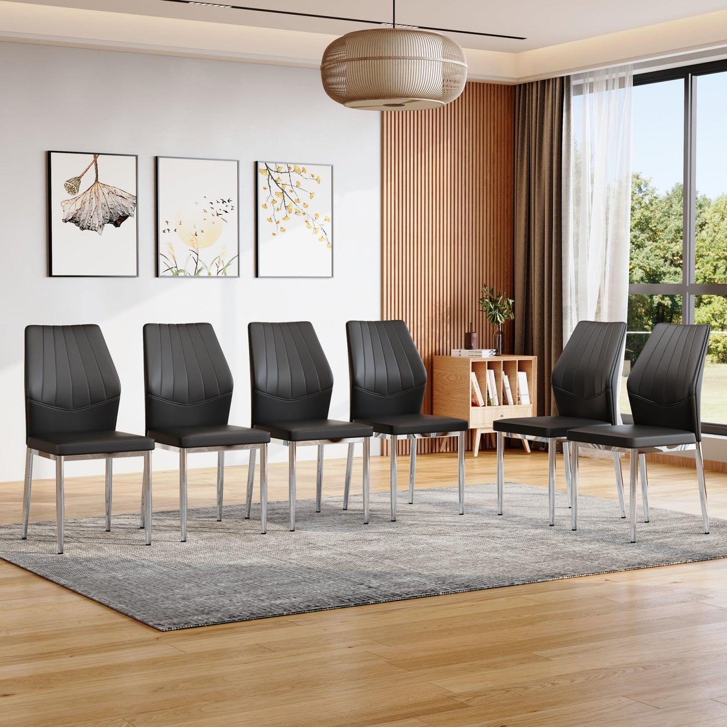 Trygoal Modern Dining Chairs Set of 6, 37" High Back Kitchen Chairs with Ergonomic PU Leather & Silver Metal Legs, Side Chairs with Adjustable Feet for Dining Room, Apartment, Black Silver