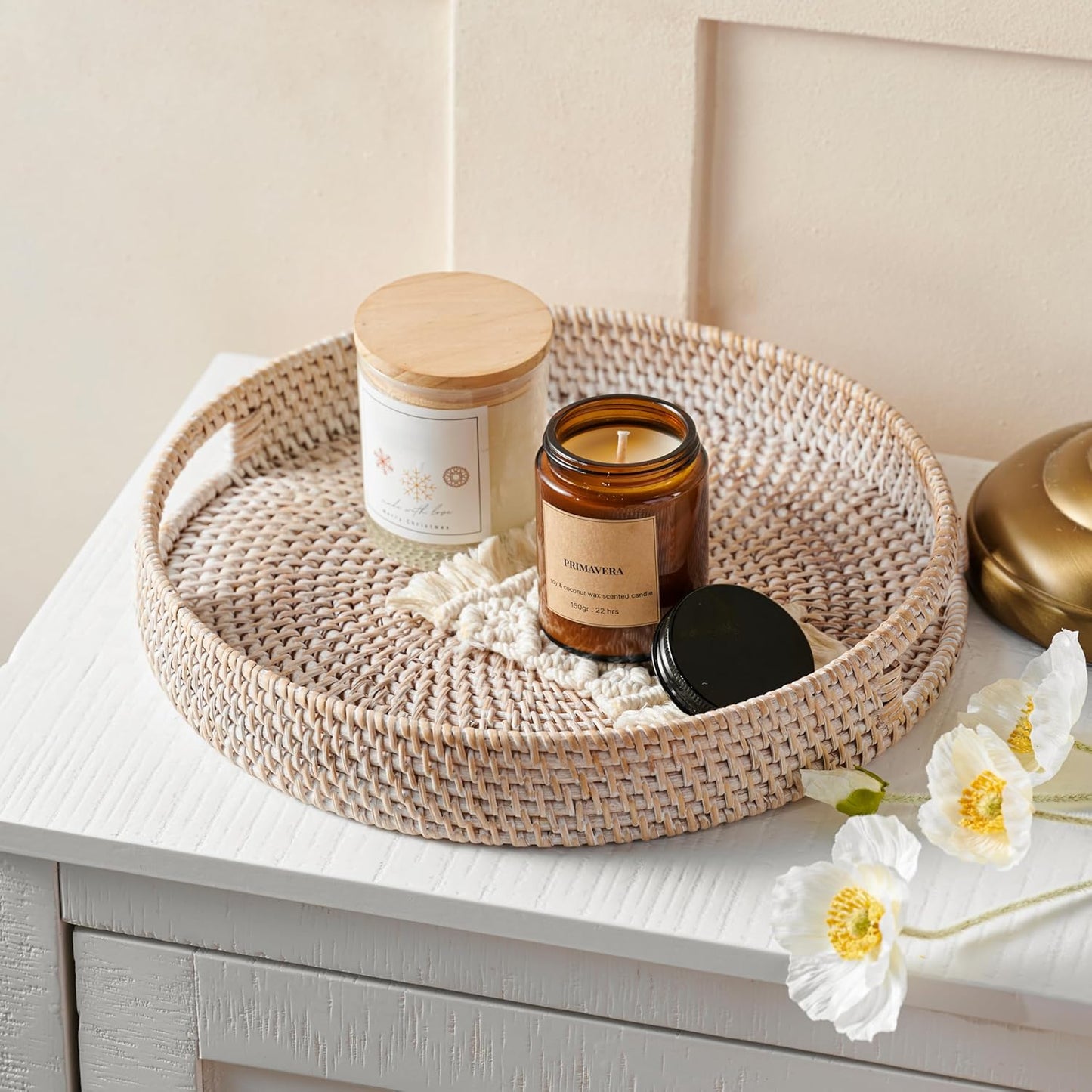 12 Counter JUNGLE CULTURE Handmade Round Wicker Tray Whitewashed Decorative Rattan Serving Basket for Coffee Table