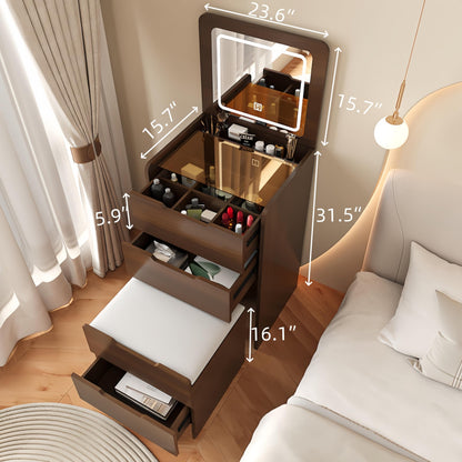 KEIKI 3 in 1 Vanity Desk with Plip Top Mirror, Make Up Vanity Set with 3 Drawers, Dressing Table with Stool for Bedroom, Walnut