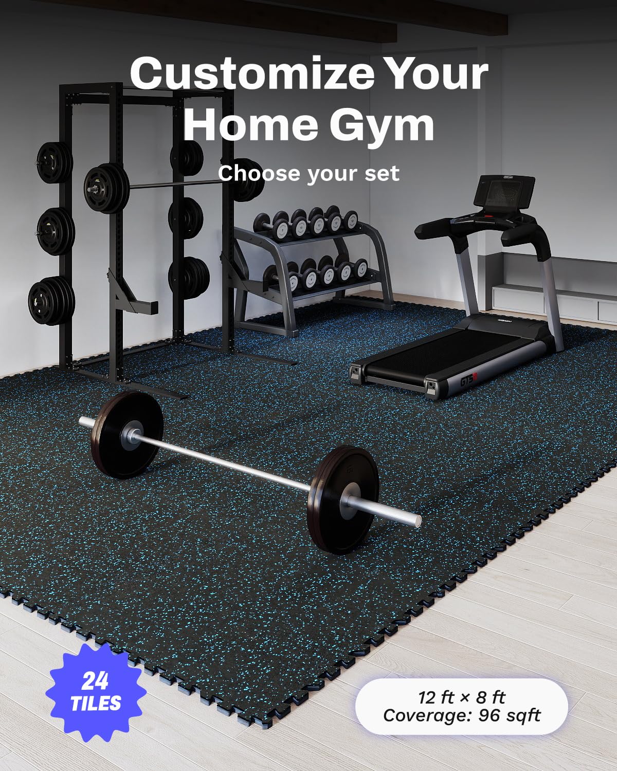 AIRHOP 0.56in Thick 96 Sq Ft Exercise Equipment Mats, 24Tiles Upgraded Rubber Top with High Density EVA Foam, Large Interlocking Puzzle Gym Flooring for Home Gym, Heavy Weight Workout, Black & Blue