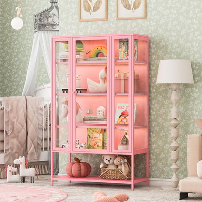 Merax 67" Tall Glass Display Cabinet with Adjustable Shelves and LED Lights, for Collectibles, Modern Steel Storage Curio Cabinet with 3-Sided Glass Display Case for Home Office Study Room, Pink