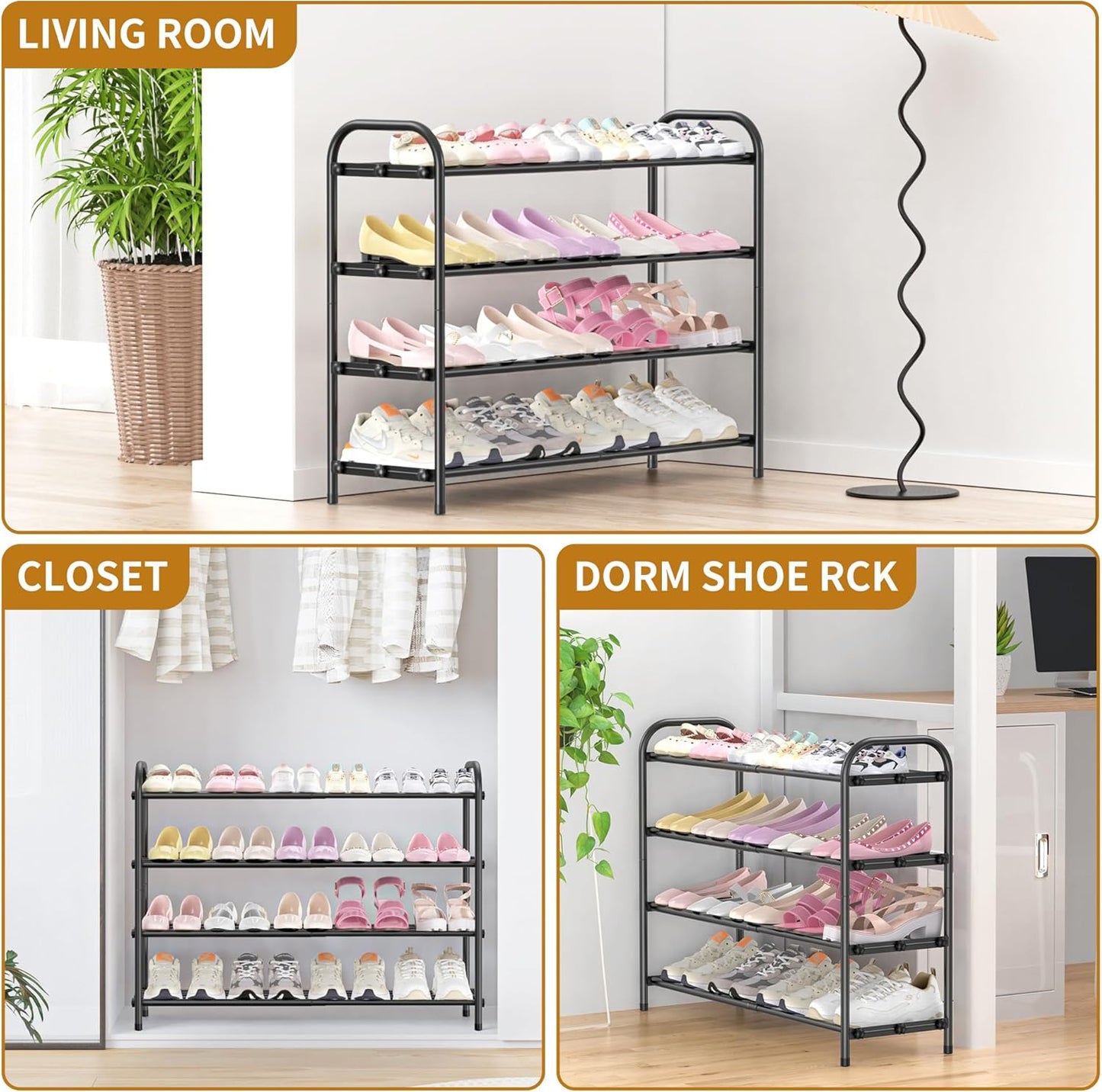 Hleelomi 4-Tier Closet,Living Expandable Shoe Rack for EntrywayAdjustable Metal Shoe Organizer for Room,Dorm,Black