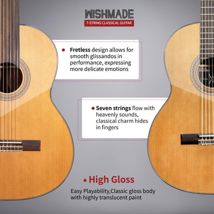 WishMade 7 String Acoustic Classical Guitar Full Size Nylon String Guitars for Adults with Gig Bag