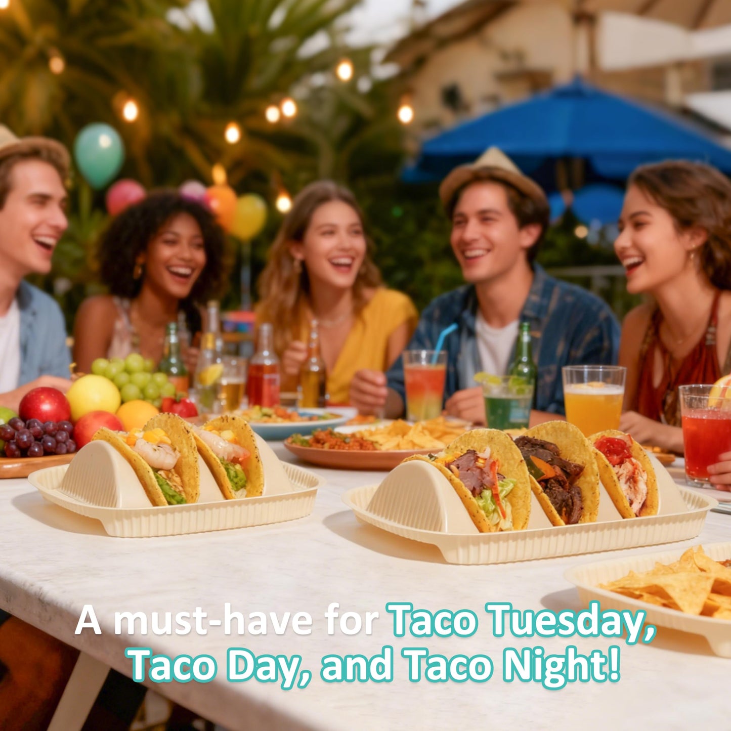 50-Pack Disposable Taco Plates for 2 Tacos - For Most 4-6 Inch Small Hard Shells - Biodegradable Cornstarch Holder Plates - Microwave Safe - Ideal for Fiesta, Bar, Party