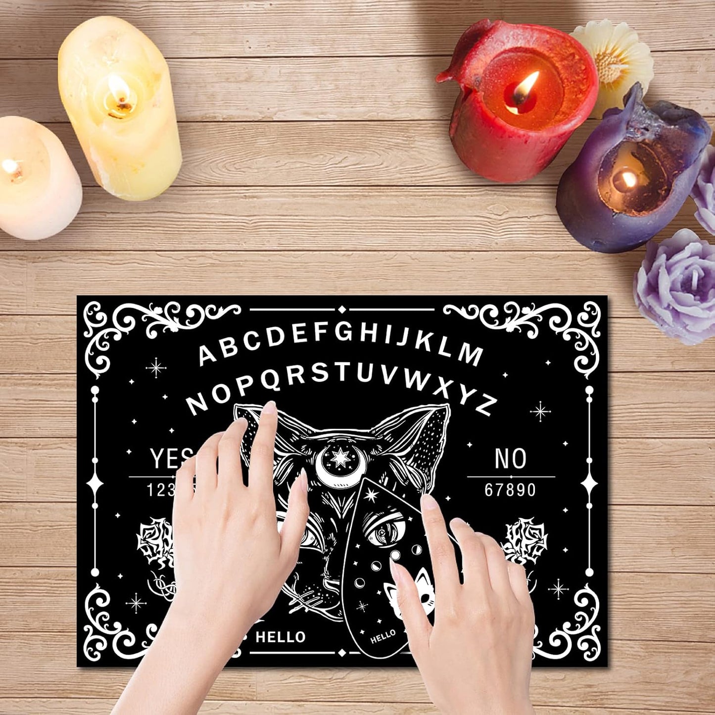 CREATCABIN Black Cat Wood Spirit Board, Talking Boards with Planchette, Wooden Dowsing Divination Kit for Wicca