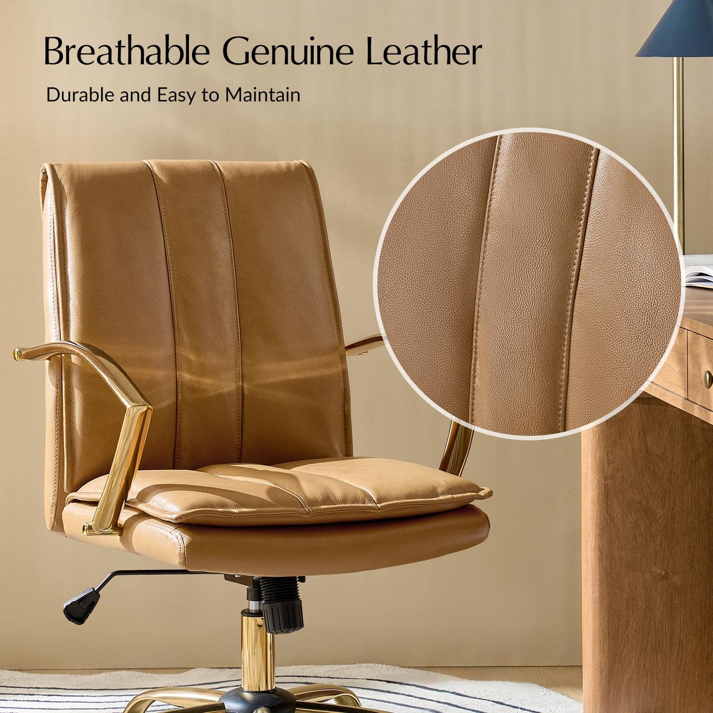 HULALA HOME Genuine Leather Home Office Chair with Rocking Tilt Function, Modern Swivel Executive Desk Chair with Golden Legs and Arms, Height Adjustable Upholstered Computer Task Chair, Camel