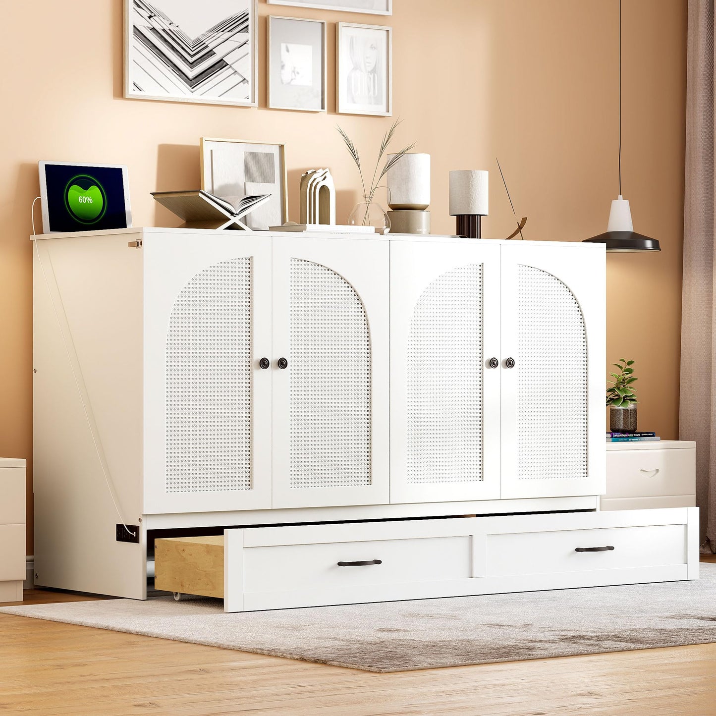 Merax Queen Size Murphy Bed Cabinet with Charging Station and Large Storage Drawer, Foldable Pull Out Murphy Chest Bed for Apartments, Bedrooms, Studio, No Spring Box Needed, White