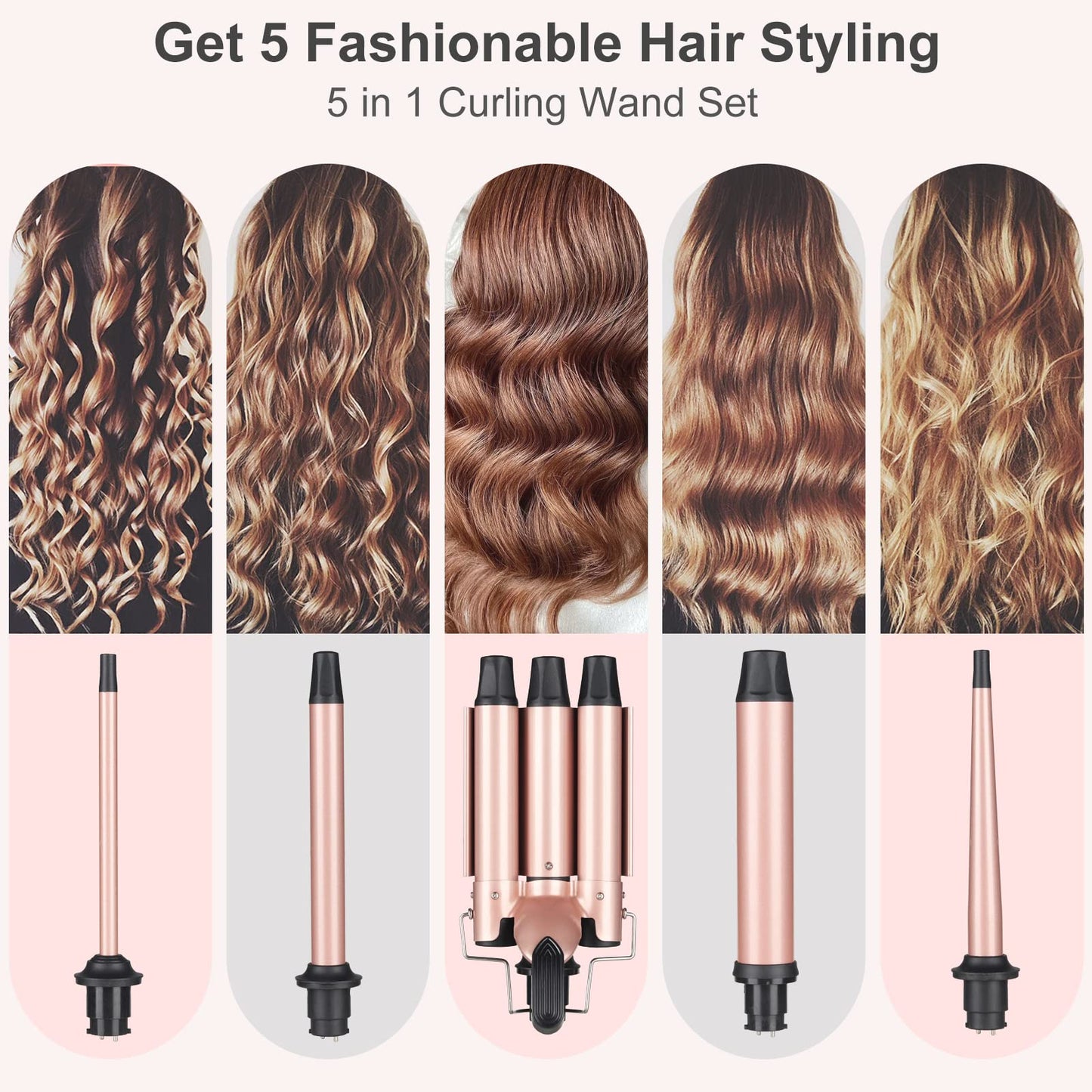 Wand Curling Iron Hair Crimper, Emocci Pro Large 3 Barrel (0.35"-1.25" Ceramic Barrel) Hair Crimper for Women Beach Waves Instant Heat Hair Waver Set for Long Hair Curlers 5-in-1 Curling Wand Set