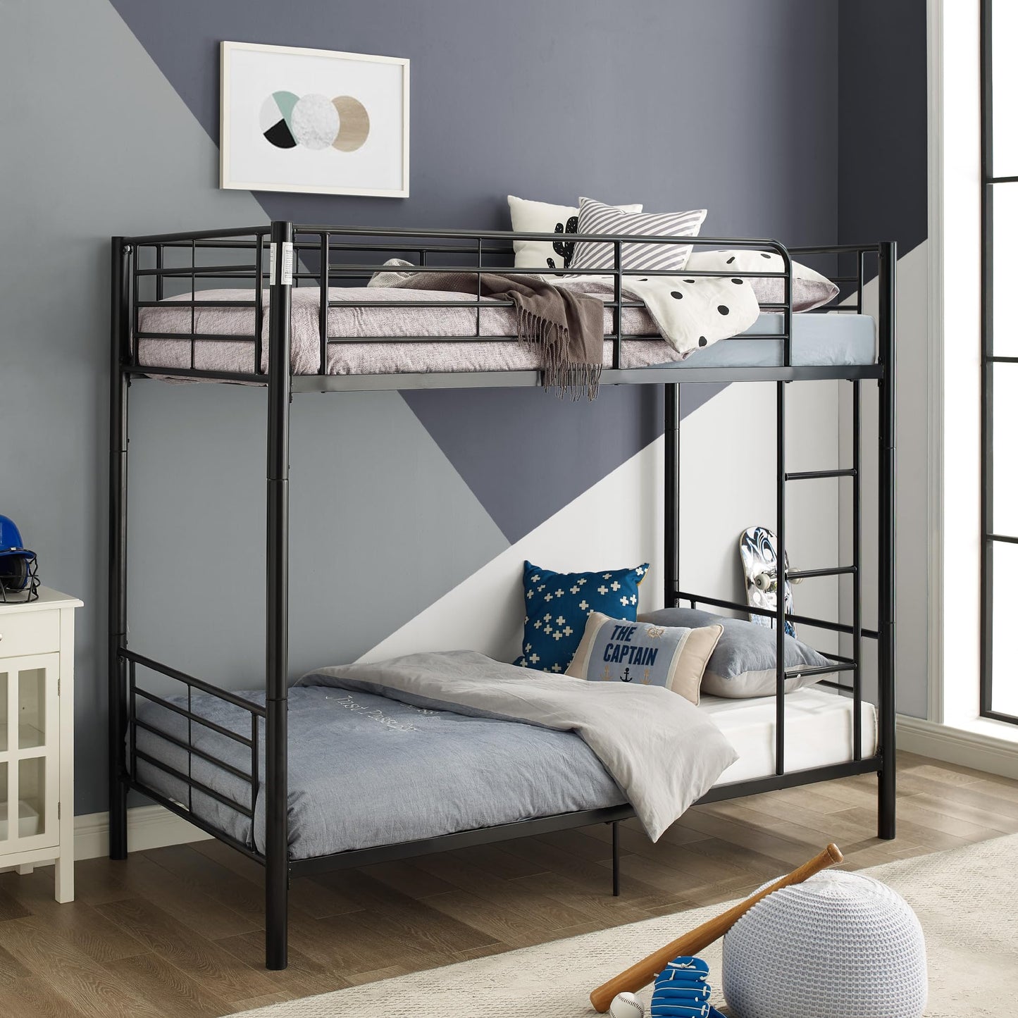 Walker Edison Elodie Urban Industrial Twin Over Twin Metal Bunk Bed, Twin Over Twin, Black