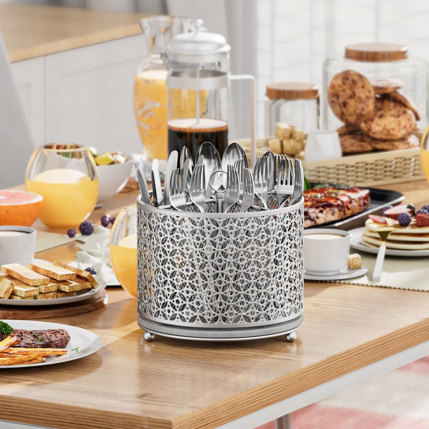 Rotating Utensil Holder for Kitchen - Silverware Caddy Fast-Drying Flatware Organizer 4 Compartment Large Cutlery Holder Utensils Caddy with Handle For Kitchen Countertop Party Picnic Table Silver