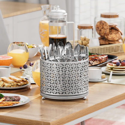 Rotating Utensil Holder for Kitchen - Silverware Caddy Fast-Drying Flatware Organizer 4 Compartment Large Cutlery Holder Utensils Caddy with Handle For Kitchen Countertop Party Picnic Table Silver