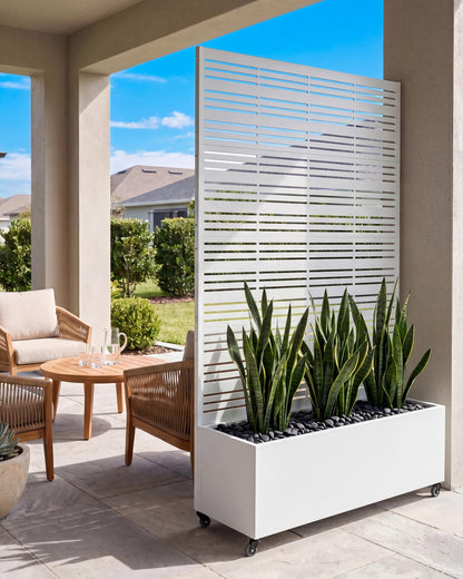 TinFrey Metal Raised Garden Bed with Trellis, 73"×47"×16" Louvered Privacy Screen Planter Box on Wheels with Drainage Holes, Easy Assembly Outdoor Planter for Patio, Deck, Balcony, Backyard - White