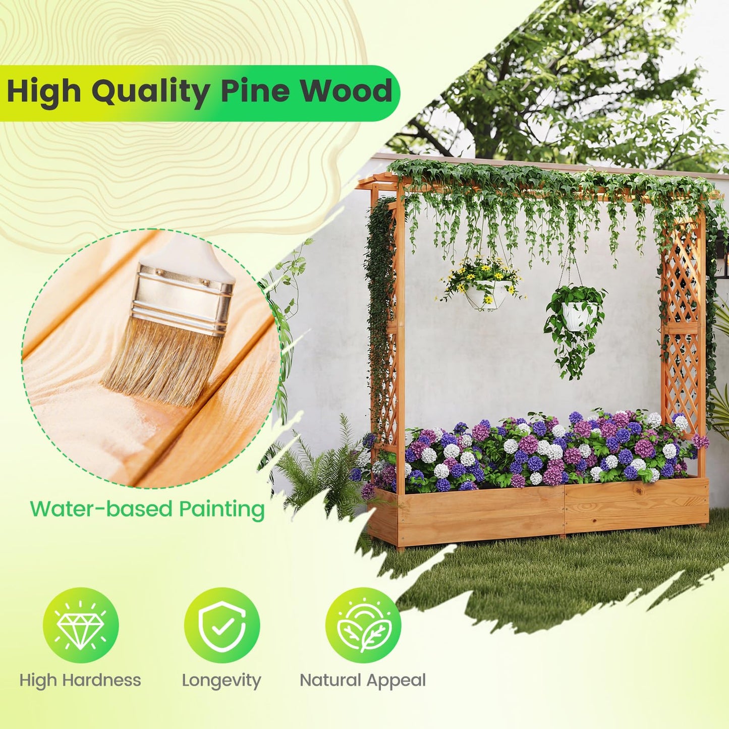 Giantex Set of 2 Raised Garden Bed with Trellis & Hanging Roof, Wood Planter Box with Bottom and Drainage Holes, Freestanding Garden Planter for Flower Vegetable Fruit Herb Climbing Vines, 77"x17"x70"