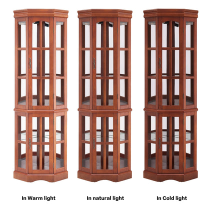 Corner Curio Cabinet with Lighting System, Adjustable Tempered Glass Shelves and Acrylic Mirror Back for Display, Compact Corner China Cabinet for Living Room (E26 Bulb Not Included) (Dark Walnut)
