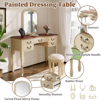 Merax 46" Vintage Makeup Vanity with Curved Flower Frame Mirror, Elegant Dressing Table with 5 Drawers and Leather Stool, Vanity Desk with Solid Wood Legs and Antique Handles for Bedroom