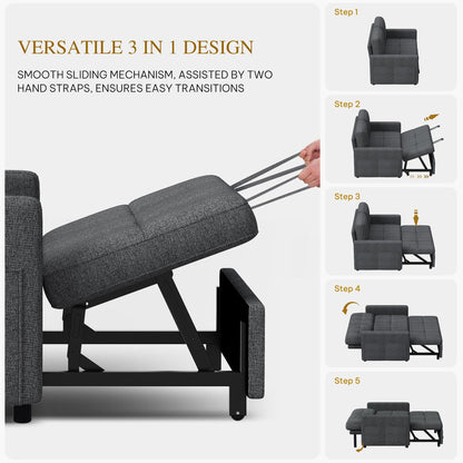 YITAHOME 55" Convertible Sofa Bed, 3-in-1 Sleeper Sofa with Iron Frame Pull-Out Bed, Linen Futon Couch with Reclining Backrest and Side Pocket, Modern Loveseat for Living Room Bedroom Apartment, Grey