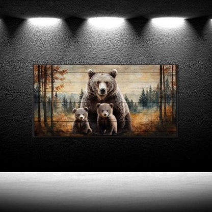 iKNOW FOTO Bear Family Canvas Print - Rustic Forest Wall Art with Black Floater Frame | 20x40'' Ready to Hang