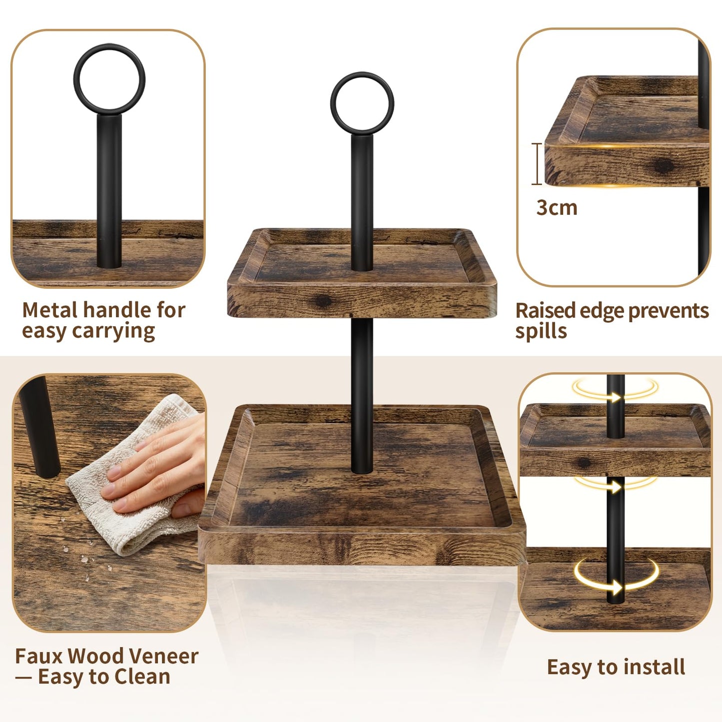 Tiered Tray Stand, Rustic Two Tier Decorative Tray with Metal Handle, Farmhouse Square Wood Serving Tray Counter Centerpiece, Cupcake Stand for Coffee Bar Home Party Decor Holiday Housewarming Gifts
