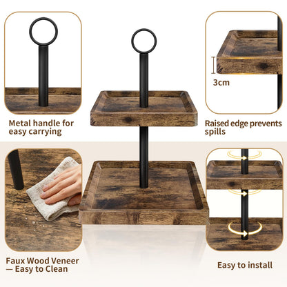 Tiered Tray Stand, Rustic Two Tier Decorative Tray with Metal Handle, Farmhouse Square Wood Serving Tray Counter Centerpiece, Cupcake Stand for Coffee Bar Home Party Decor Holiday Housewarming Gifts