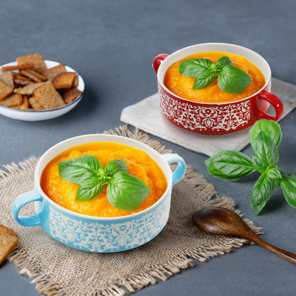 Acshio Set of 4 French Onion Soup Bowls with Handles, 20 Oz Ceramic Multicolor Soup Bowls with Organizer Rack, Stackable Soup Serving Crock for Beef Stew, Pasta, Cereal, Pot Pies