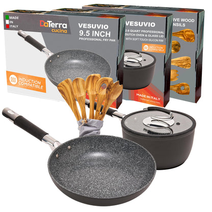 DaTerra Cucina Nonstick Small Chef Bundle – 2.6 Qt Ceramic Saucepan with Lid, 9.5" Frying Pan, 5-Piece Olive Wood Cooking Utensils – Oven Safe, Induction Compatible, PTFE & PFOA Free – Made in Italy