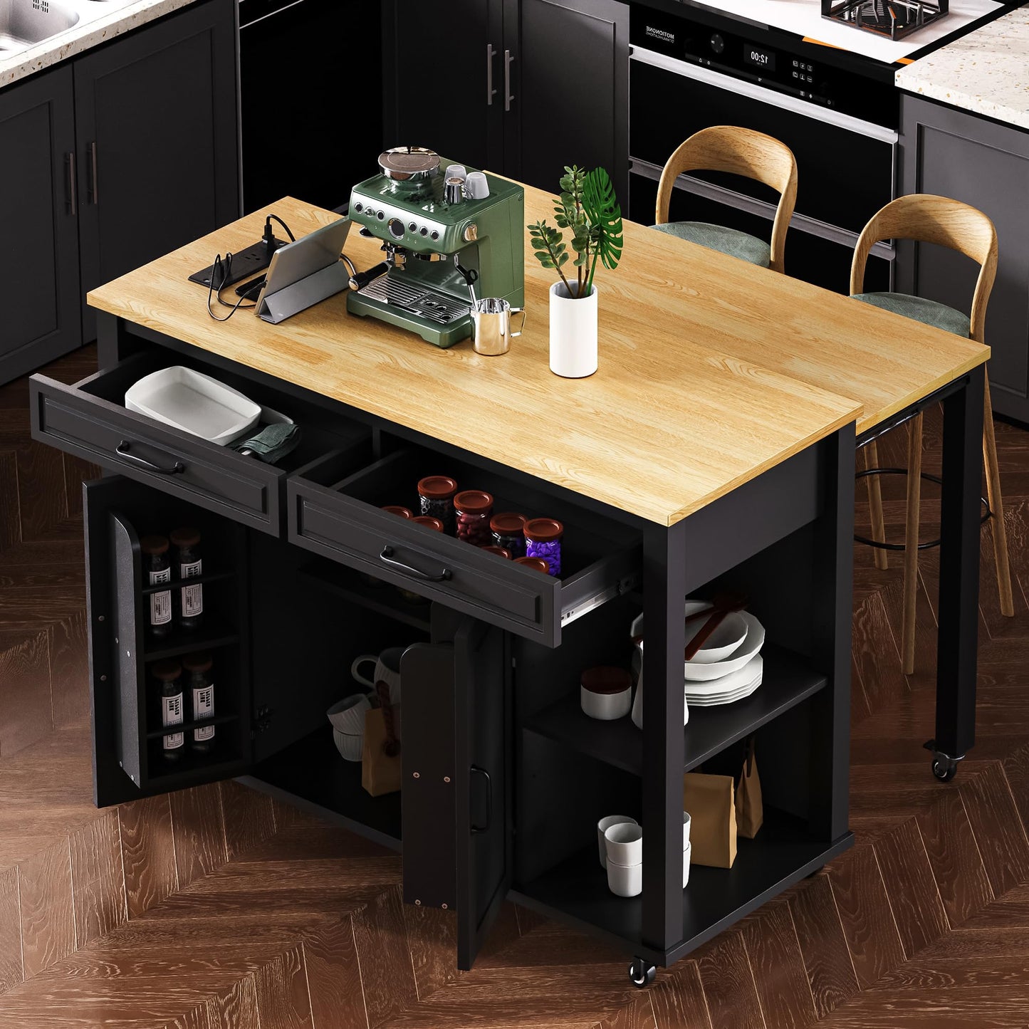 Ball & Cast Kitchen Island with Extendable Dining Table,Rubber Wood Veneer Kitchen Table with Internal Storage Rack,Power Outlet & USB Ports,Kitchen Cart On Wheels W/ 2 Drawers & 2 Cabinets,Black,47"