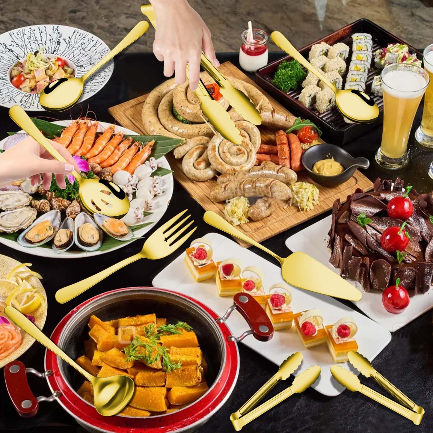 Gisly Gold 12 Pieces Serving Utensils Include Large Serving Spoons,Slotted Serving Spoons,Serving Forks,Serving Tongs,Appetizers Tongs,Soup Ladle and Pie Cake Server for Buffet Catering