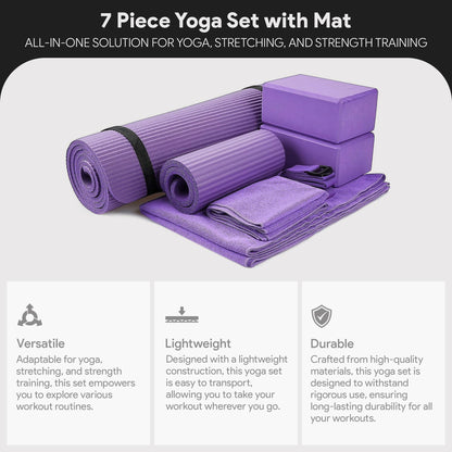BalanceFrom 7-Piece Yoga Set with 71x24x0.5 Inches Extra Thick Mat and Carrying Sling – Includes 2 Blocks, Stretch Strap, 2 Towels, and Knee Pad for Home, Studio, and Gym Workouts