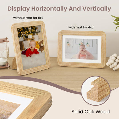 FLYJOE 5x7 Picture Frame - Solid Oak Wood 5 x 7 Photo Frame, 5''x7'' Frame With Mat For 4x6, Tabletop and Wall Display, Hanging Hardware Included, 5 By 7 Picture Frame Wood, Natural Oak